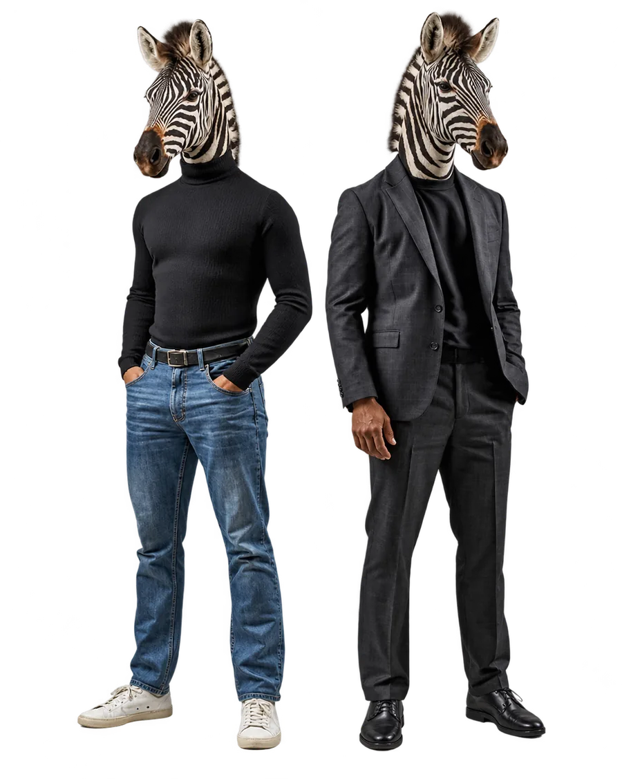 Duas zebras, mascotes da Zenzele Agency, uma de jeans e outra de terno