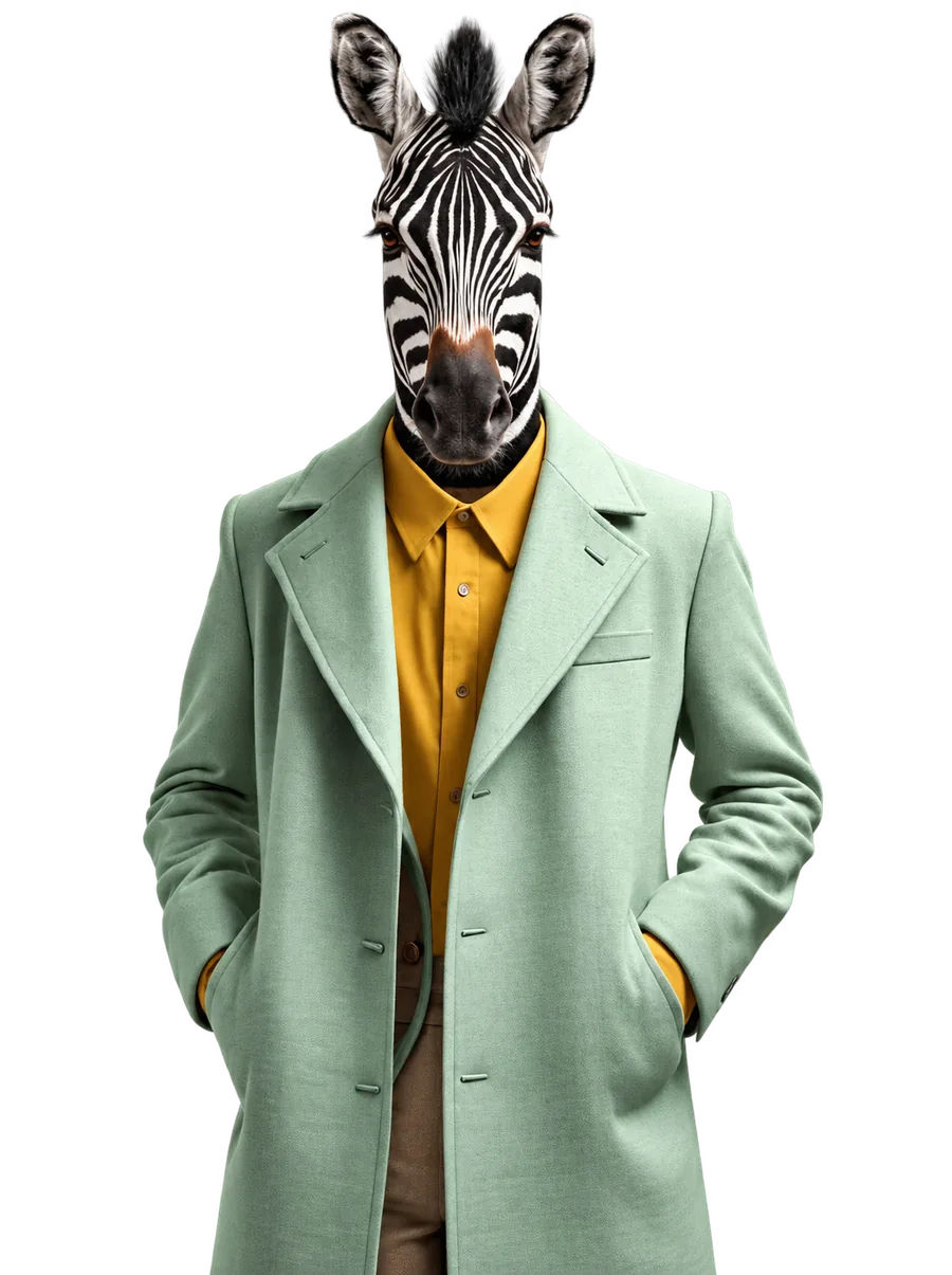 Mascote da Zenzele Agency: uma zebra de casaco verde e camisa amarela